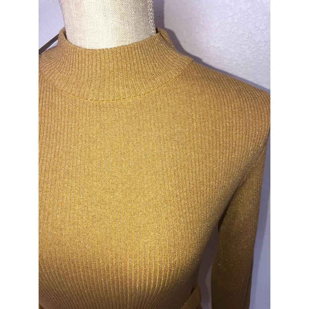 Free People French Girl Gold Metallic Mini Sweater Dress - L